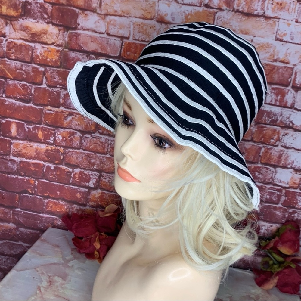 Kathy Jeanne Black and White Contrast Ribbon Stripped Beach Bucket Hat